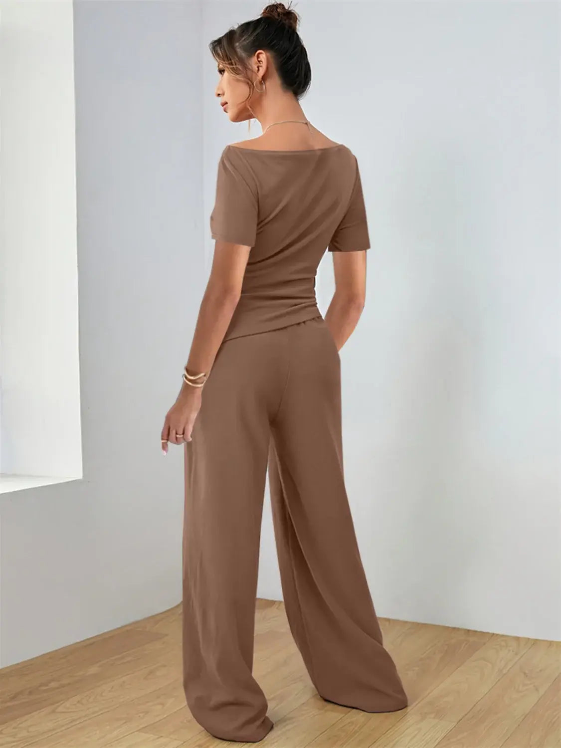 Round Neck Short Sleeve T-Shirt and Pants Set - Trendsi - Flyclothing LLC