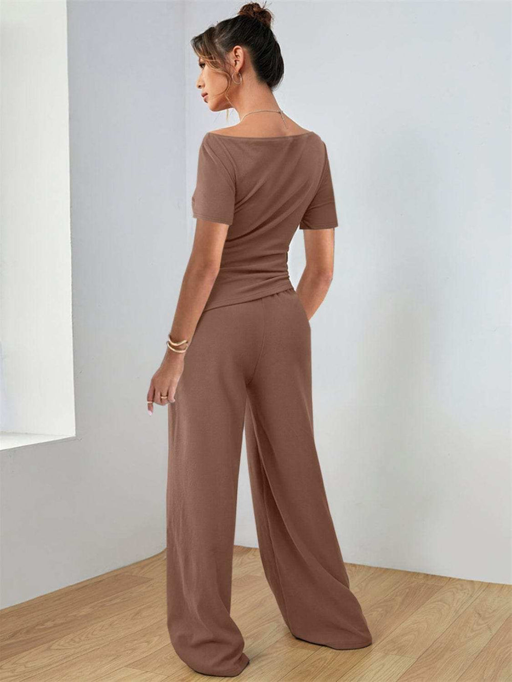 Round Neck Short Sleeve T-Shirt and Pants Set - Trendsi - Flyclothing LLC