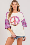 SAGE + FIG Full Size Peace Applique Patch with Plaid Contrast Top - Trendsi