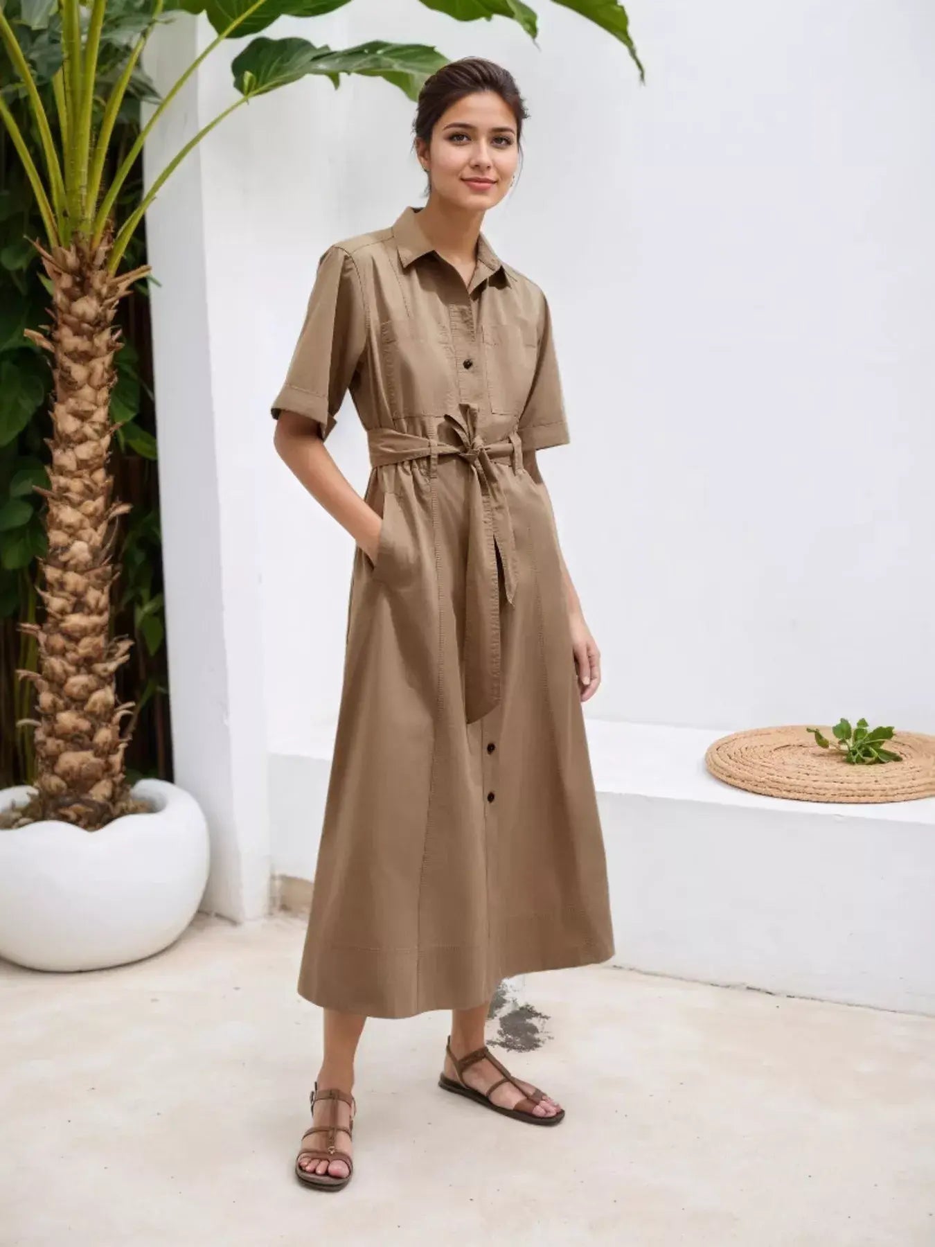 Button Front Short Sleeve Shirt Dress - Trendsi - Flyclothing LLC