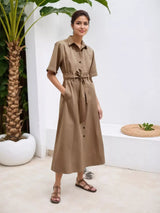 Button Front Short Sleeve Shirt Dress - Trendsi - Flyclothing LLC