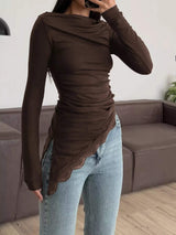 Asymmetrical One-Shoulder Ruched T-Shirt with Lace Trim - Trendsi - Flyclothing LLC