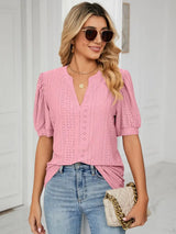 Florira Eyelet Notched Short Sleeve T-Shirt - Trendsi - Flyclothing LLC
