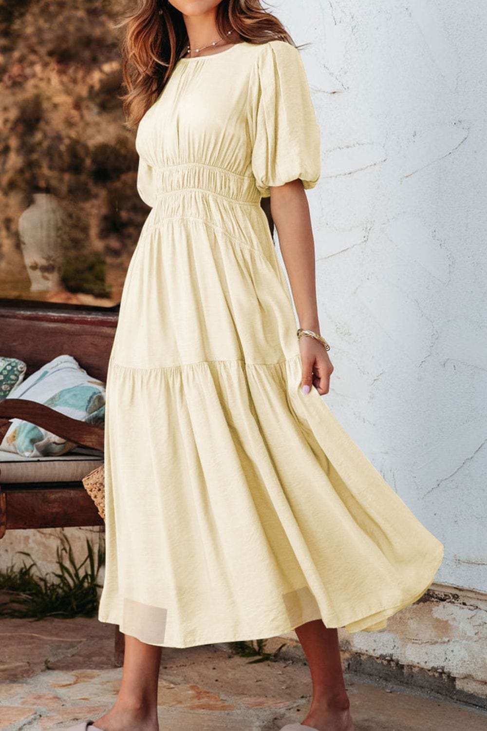 Puff Sleeve Pleated High Waist Flowy Midi Dress - Trendsi - Flyclothing LLC