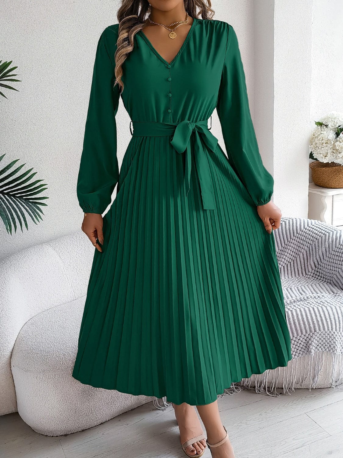 Pleated Tied V-Neck Long Sleeve Dress - Trendsi
