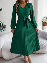 Pleated Tied V-Neck Long Sleeve Dress - Trendsi