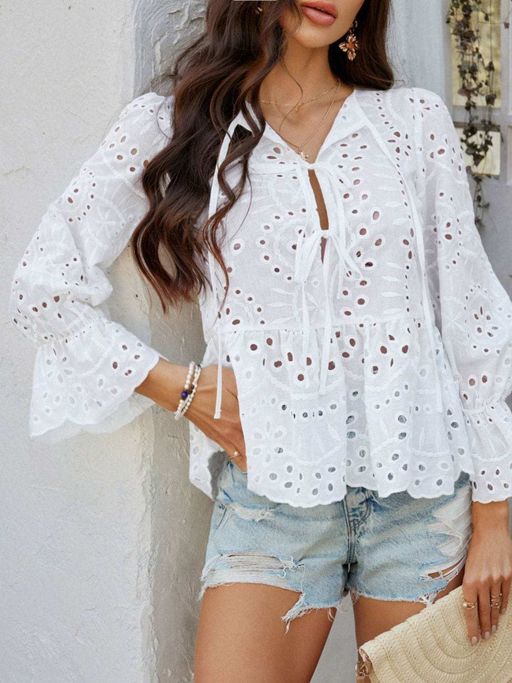 Devine Tie Front Flounce Sleeve Peplum Blouse - Trendsi - Flyclothing LLC