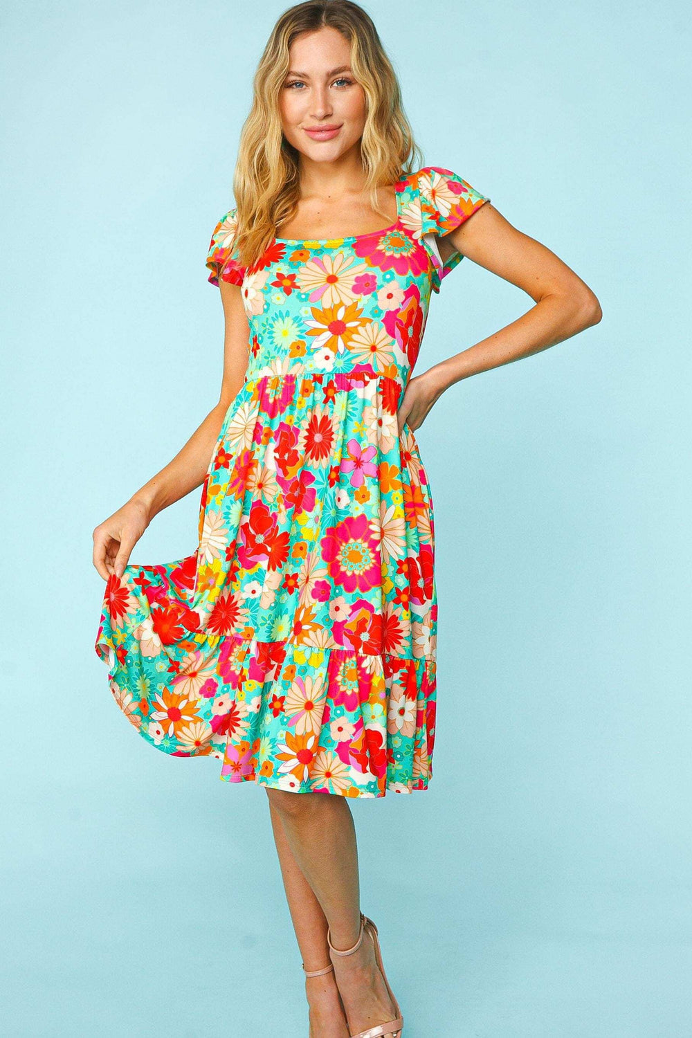 Haptics Floral Square Neck Short Sleeve Dress - Trendsi - Flyclothing LLC