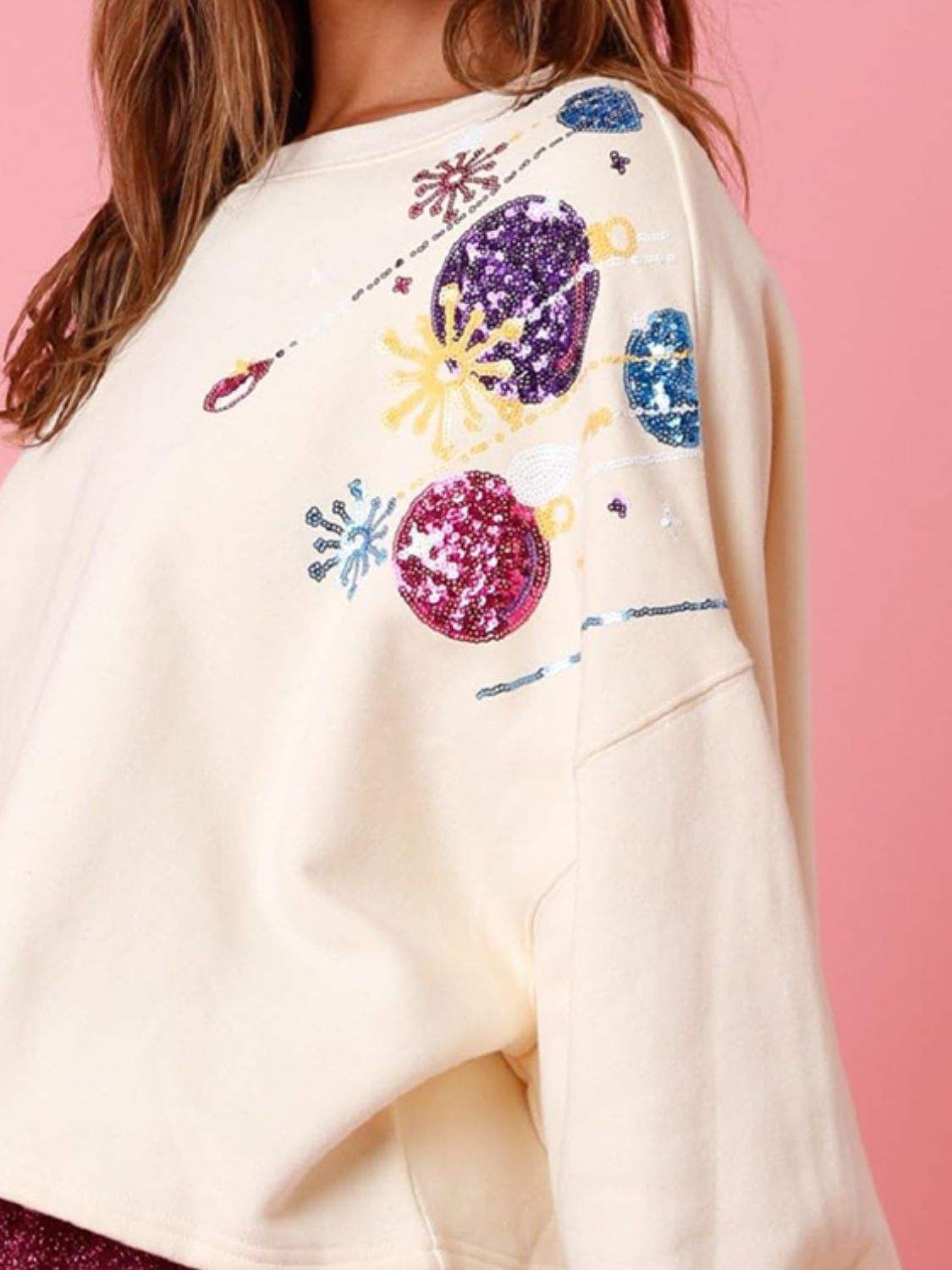 Sequin Round Neck Dropped Shoulder Sweatshirt - Trendsi - Flyclothing LLC