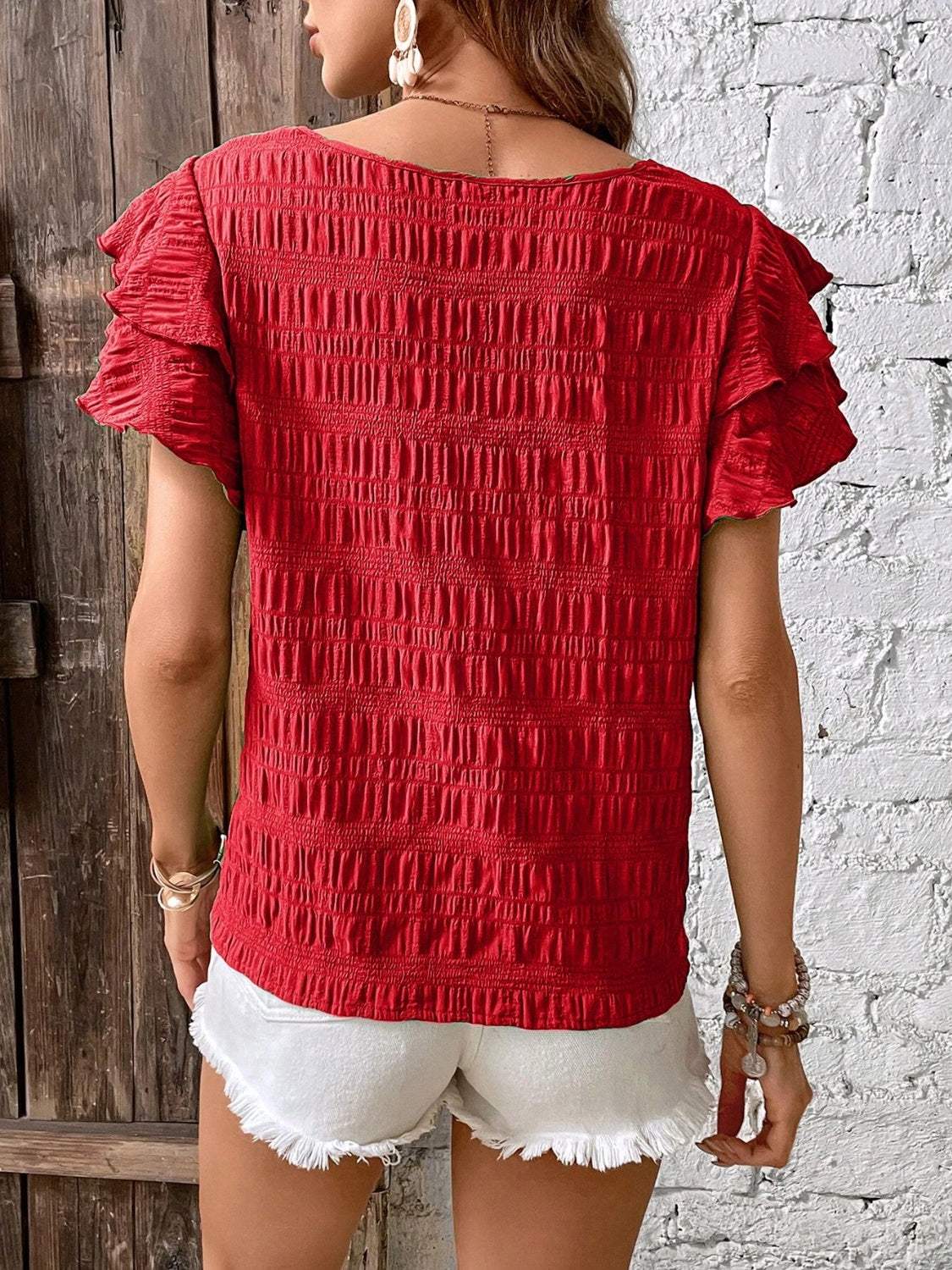 Round Neck Flounce Sleeve Blouse - Trendsi - Flyclothing LLC