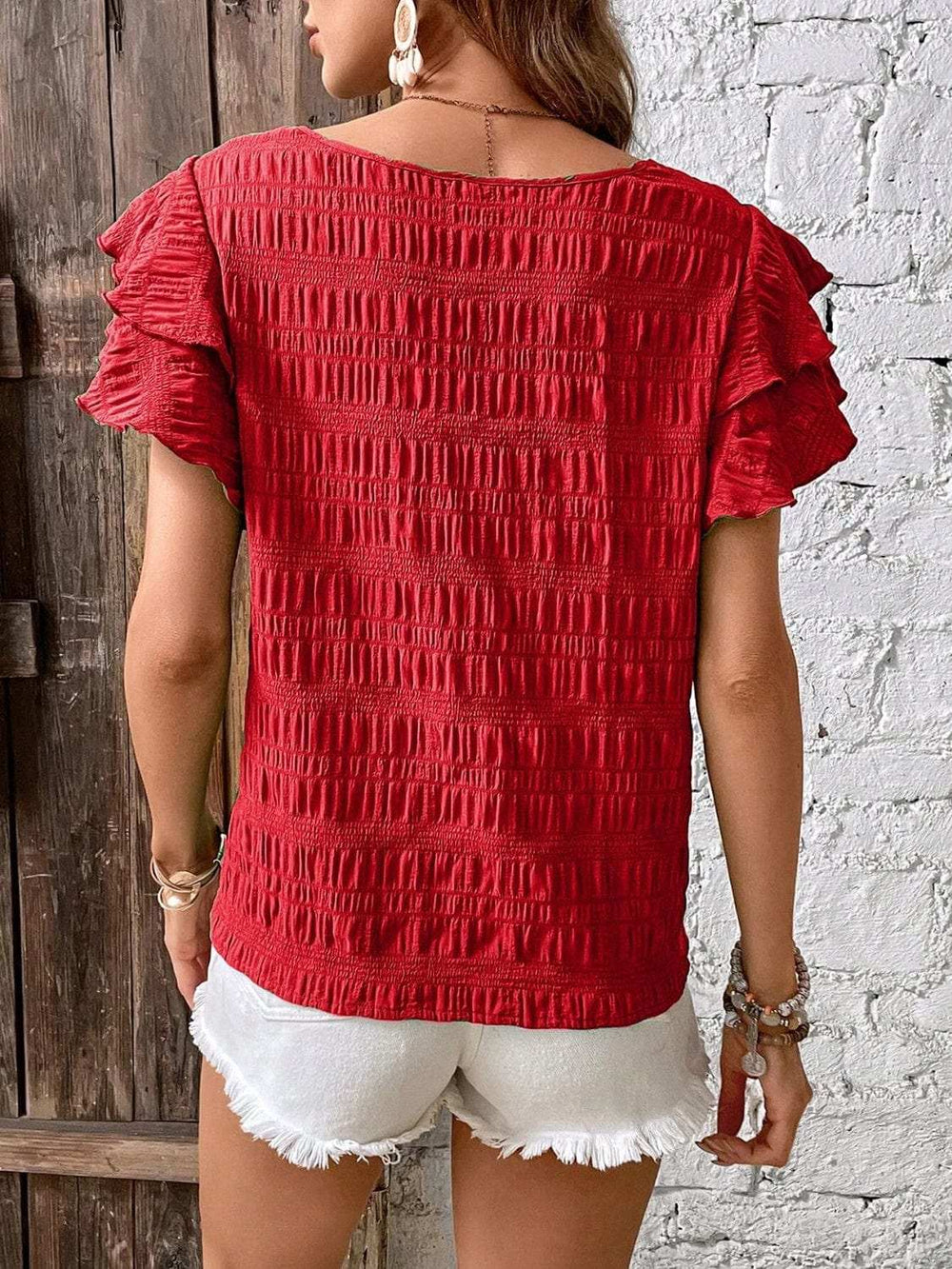 Round Neck Flounce Sleeve Blouse - Trendsi - Flyclothing LLC