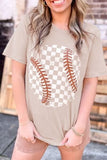 Contrast Checkered Baseball Graphic Round Neck Short Sleeve T-Shirt - Trendsi