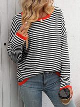 Mandy Striped Round Neck Long Sleeve Sweater - Trendsi - Flyclothing LLC