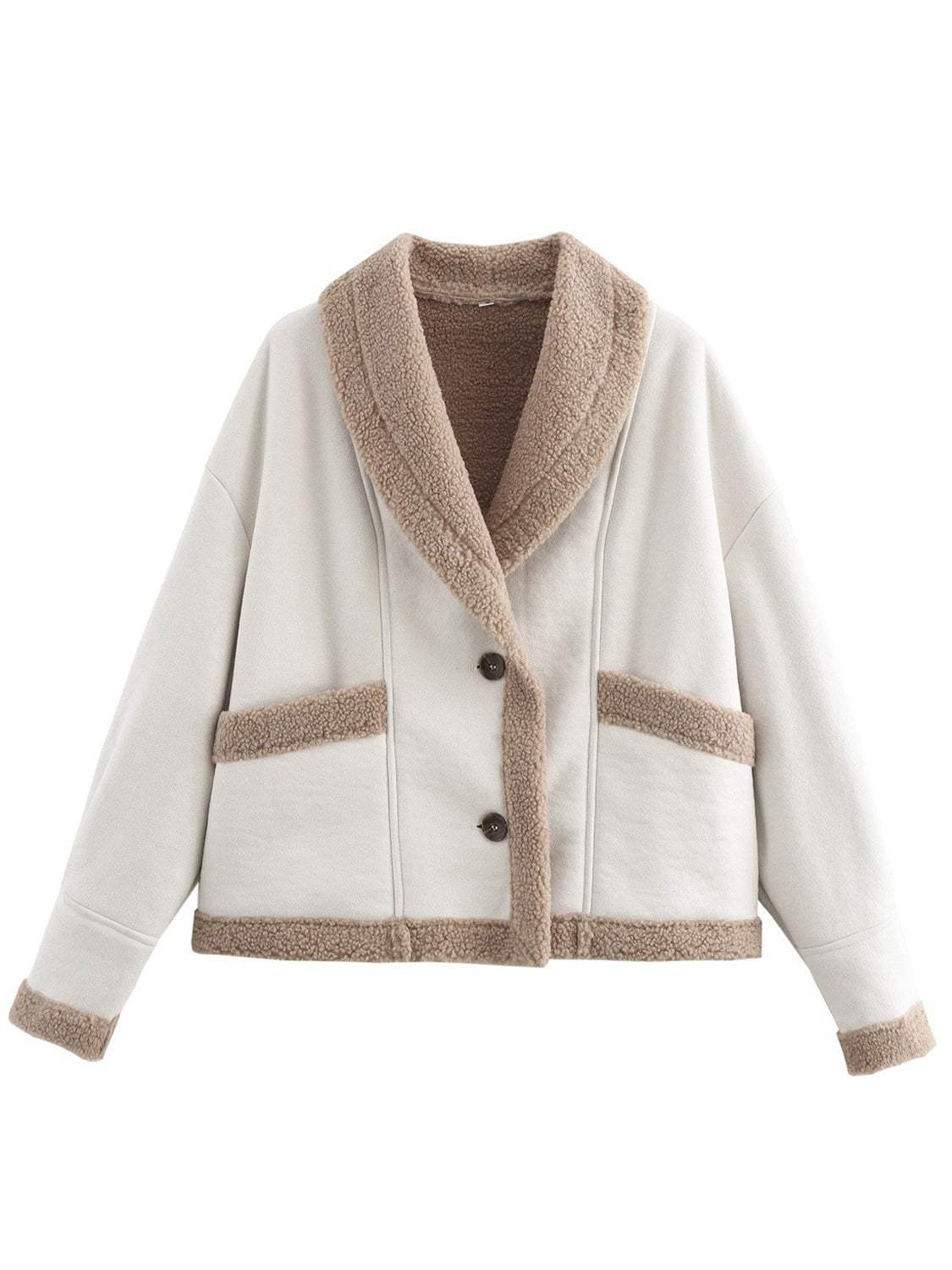 Fuzzy Collared Neck Long Sleeve Jacket - Trendsi - Flyclothing LLC