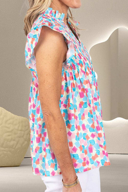 Ruffled Printed Notched Cap Sleeve Blouse - Trendsi - Flyclothing LLC