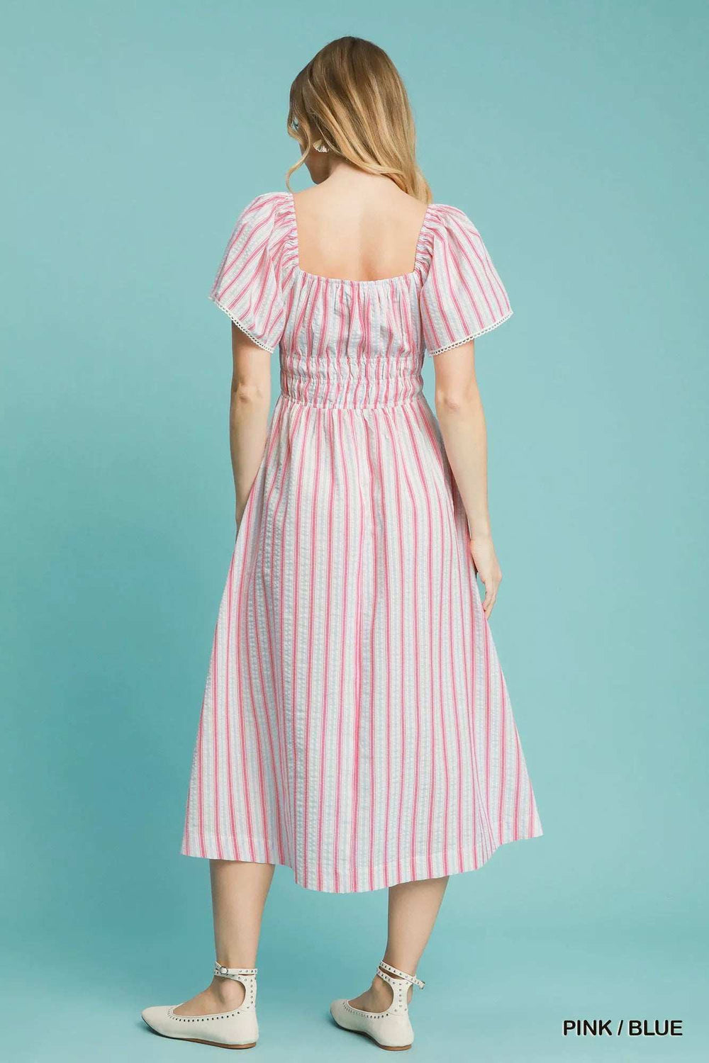 Umgee Smocked Striped Short Sleeve Midi Dress - Trendsi - Flyclothing LLC