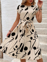 Tied Pleated Printed Cap Sleeve Dress - Trendsi - Flyclothing LLC
