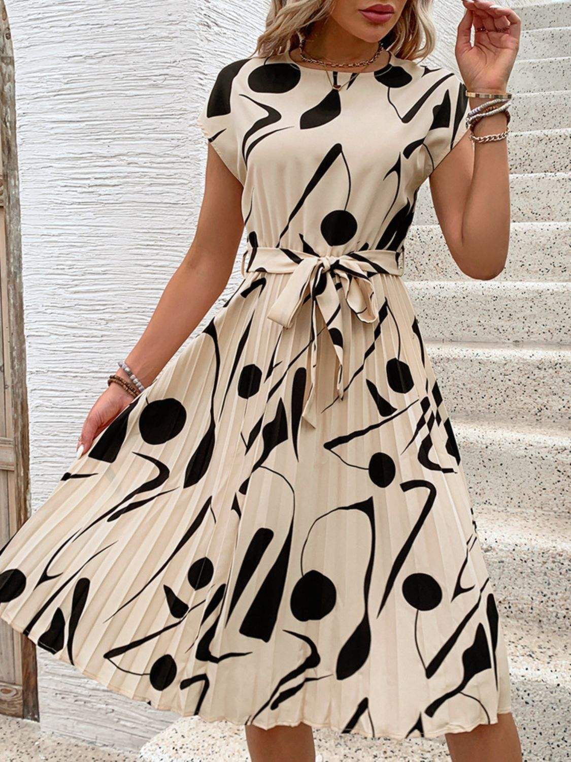 Tied Pleated Printed Cap Sleeve Dress - Trendsi - Flyclothing LLC