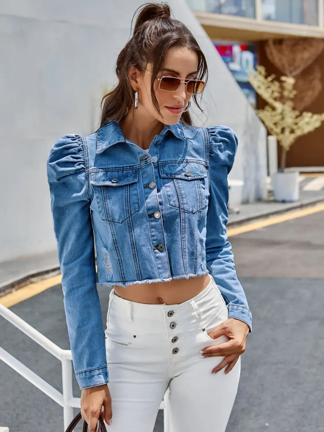 Button Down Raw Hem Cropped Denim Jacket - Trendsi - Flyclothing LLC