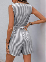 Perfee Striped V-Neck Tie Waist Romper - Trendsi - Flyclothing LLC
