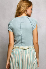 POL V-Neck Short Sleeve Washed T-Shirt with Outseam - Trendsi - Flyclothing LLC