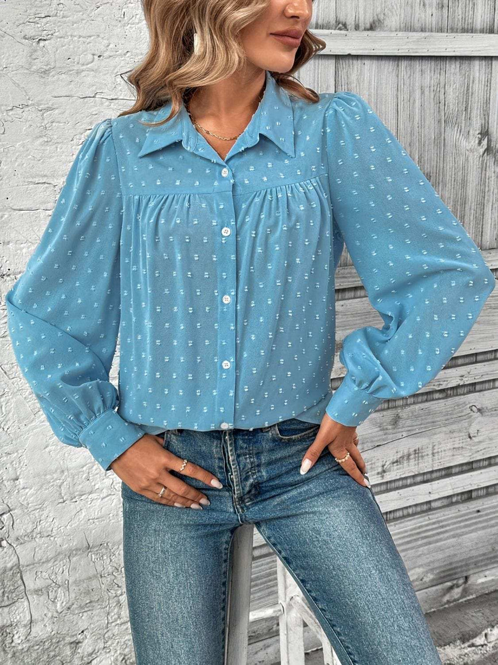 Full Size Swiss Dot Collared Neck Long Sleeve Shirt - Trendsi - Flyclothing LLC