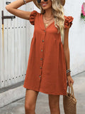 Button Up V-Neck Cap Sleeve Mini Dress - Trendsi - Flyclothing LLC