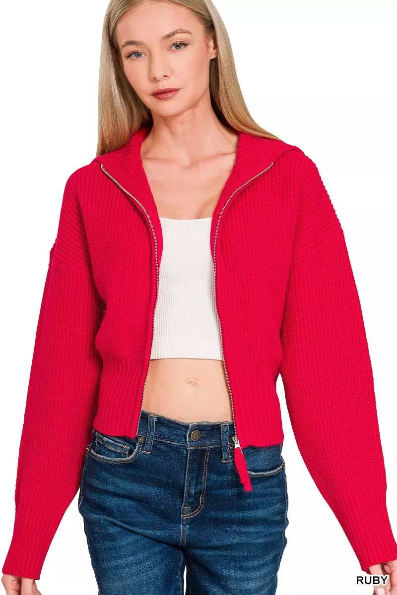 Zenana Ribbed Collared Zip Up Sweater Cardigan - Trendsi - Flyclothing LLC