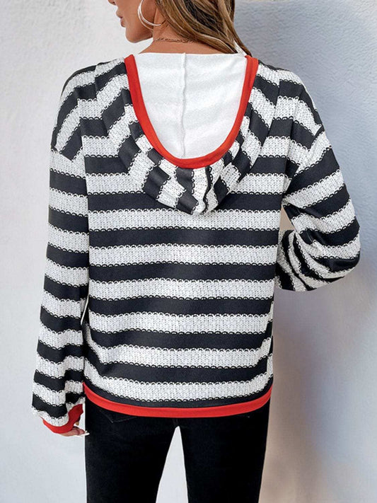 Perfee Contrast Striped Long Sleeve Hoodie - Trendsi - Flyclothing LLC
