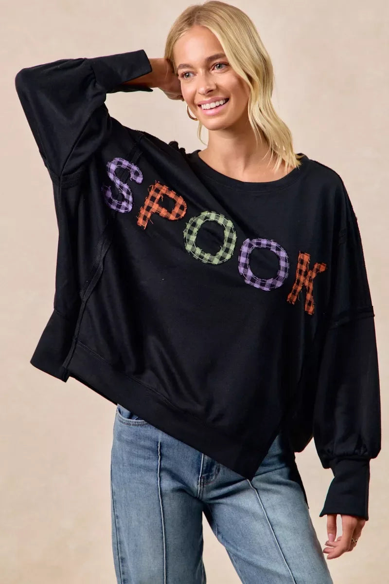 BiBi Spook Plaid Letter Print Oversized Sweatshirt - Trendsi - Flyclothing LLC