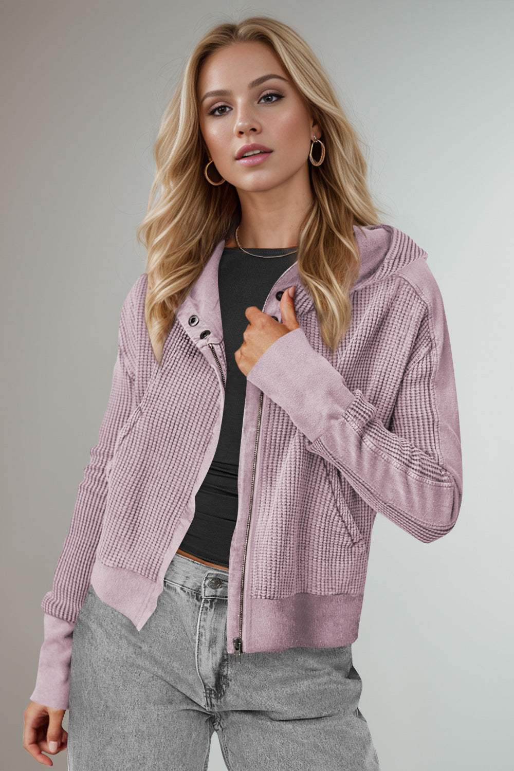 Double Take Waffle-Knit Zip Up Long Sleeve Hooded Jacket - Trendsi - Flyclothing LLC