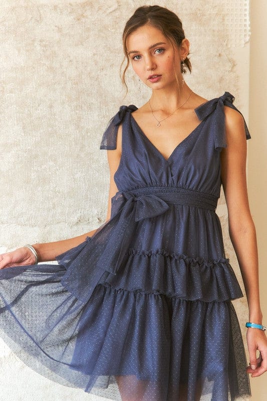 ADORA Tie Shoulder Polka Dot Mesh Dress - Trendsi