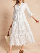 Eyelet Notched Tiered Midi Dress - Trendsi - Flyclothing LLC