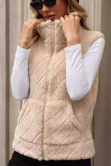 Fuzzy Plaid Texture Zip Up Vest Coat - Trendsi - Flyclothing LLC