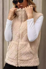 Fuzzy Plaid Texture Zip Up Vest Coat - Trendsi