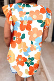 Ruffled Printed Notched Cap Sleeve Blouse - Trendsi - Flyclothing LLC