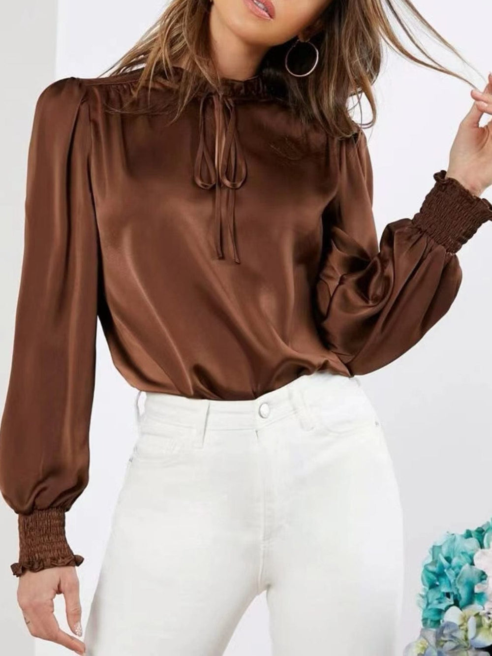 Frill Tied Lantern Sleeve Blouse - Trendsi