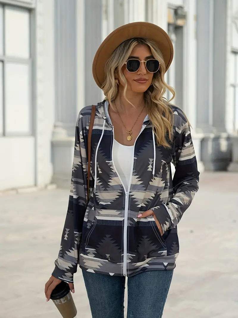 Geometric Zip Up Long Sleeve Hooded Jacket - Trendsi - Flyclothing LLC