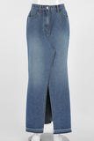 Slit Front Raw Hem Denim Maxi Skirt - Trendsi