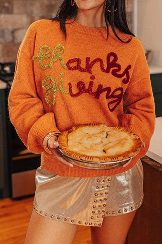 THANKSGIVING Round Neck Dropped Shoulder Sweater - Trendsi - Flyclothing LLC