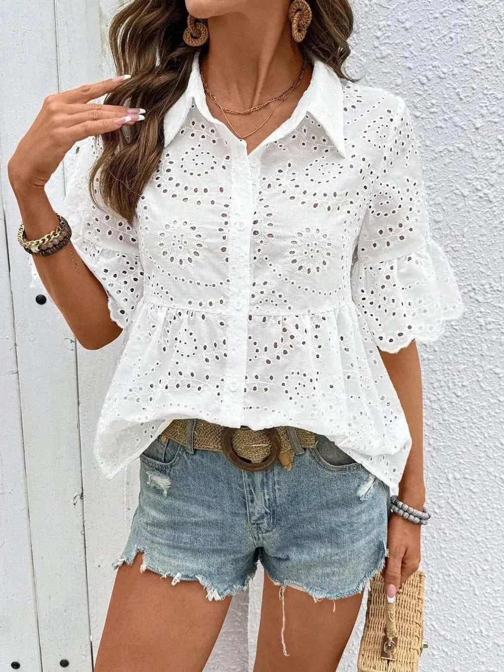 Eyelet Solid Collared Neck Half Sleeve Shirt - Trendsi - Flyclothing LLC