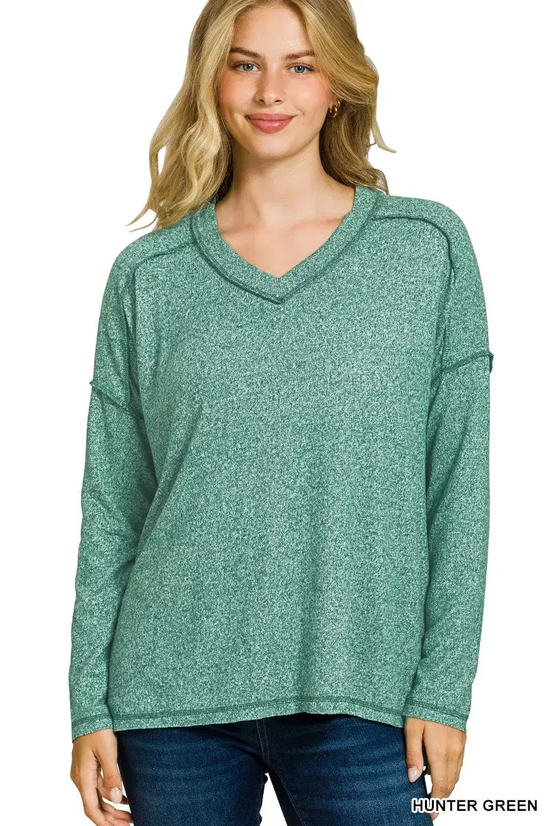 Zenana Soft Melange Hacci Exposed Seam Hi-low Tee - Trendsi - Flyclothing LLC