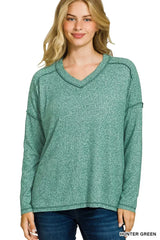 Zenana Soft Melange Hacci Exposed Seam Hi-low Tee - Trendsi - Flyclothing LLC
