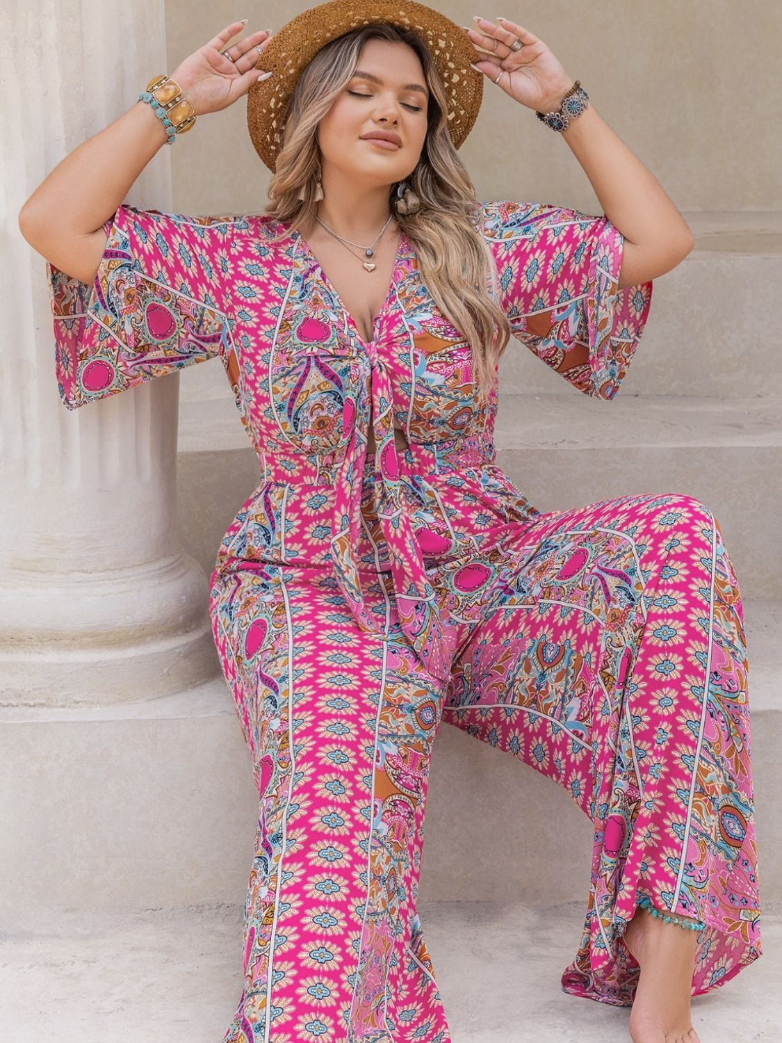 Plus Size Printed Half Sleeve Wide Leg Jumpsuit - Trendsi