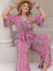 Plus Size Printed Half Sleeve Wide Leg Jumpsuit - Trendsi