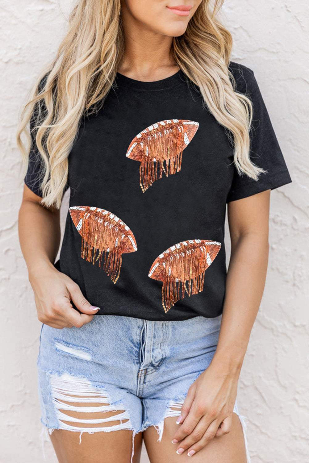Sequin Football Round Neck Short Sleeve T-Shirt - Trendsi - Flyclothing LLC