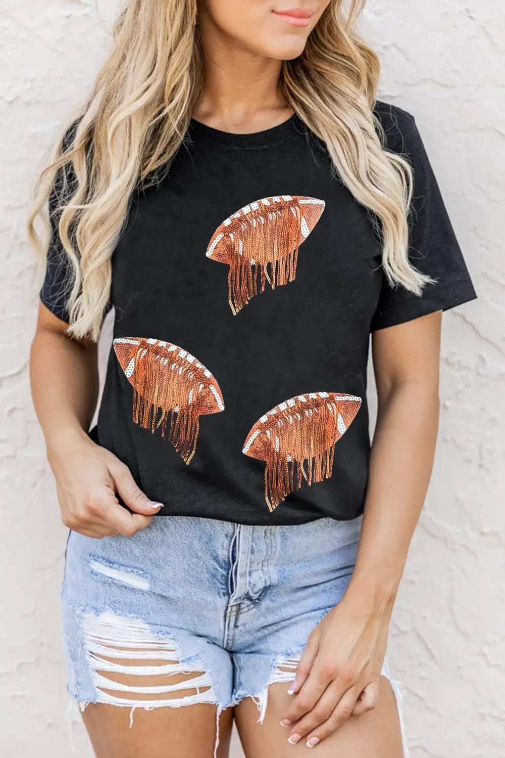 Sequin Football Round Neck Short Sleeve T-Shirt - Trendsi - Flyclothing LLC