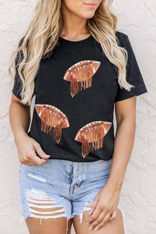 Sequin Football Round Neck Short Sleeve T-Shirt - Trendsi - Flyclothing LLC