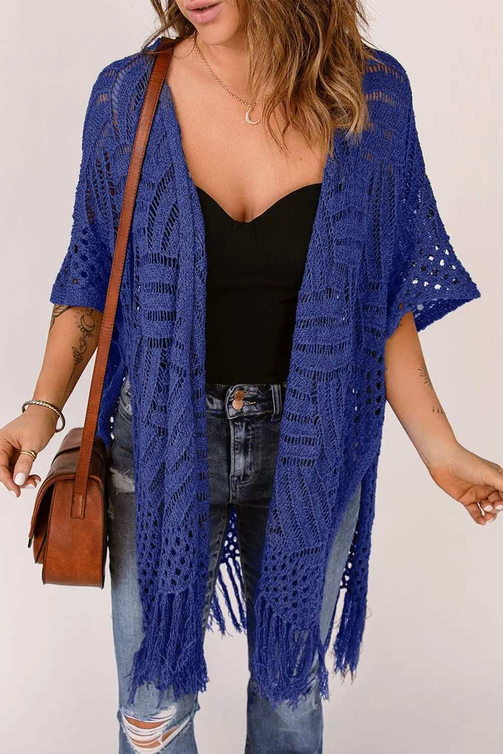 Openwork Open Front Cardigan with Fringes - Trendsi - Flyclothing LLC