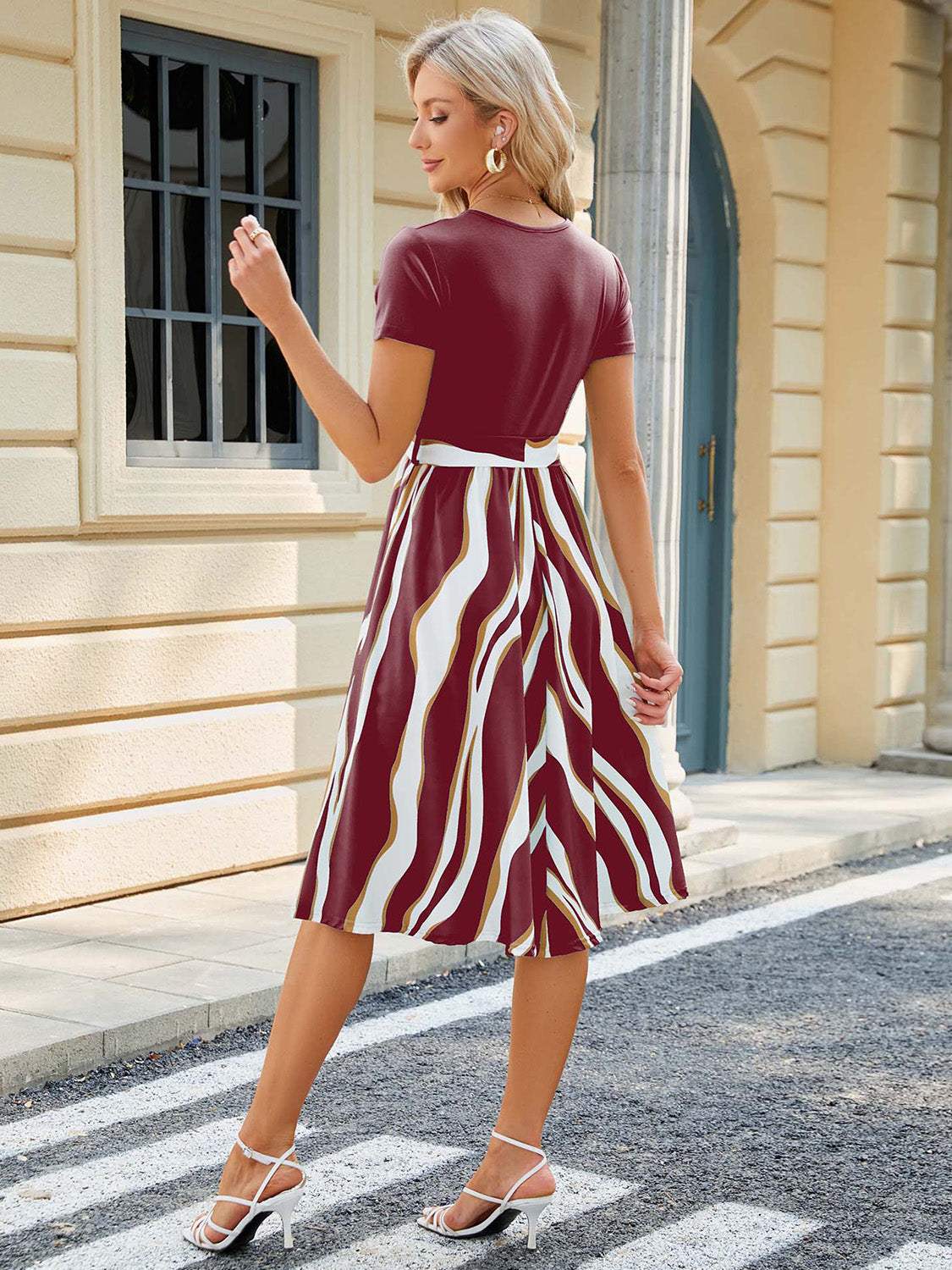 Printed Tie Waist Short Sleeve Dress - Trendsi - Flyclothing LLC